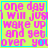 four identical with cyan borders, each displaying pink pixelated text on a bright yellow background
