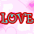 six pixelated text with red-outlined cyan letters on varied backgrounds including pink hearts, sunset water, and flames