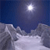 Pixelated night scene with a bright moon in the upper center, dark blue sky, and light gray clouds below.