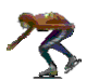 Animated sequence of a skater in brown hooded jacket and blue pants performing ice skating movements against gray background.