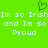 Green background with white pixelated text reading "Im so Irish Im so Irish and Im so and Im so Proud" repeated twice, a small green heart symbol above the text.