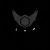 Dark gray pixelated crescent shape with central circular pattern and three small rectangular elements below on black background.
