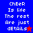 Pixelated text 'ChEeR Is life The rest Are just dETAILS' with a red star on blue background and a blue star on red background, both on purple background.
