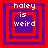 Four identical pixelated display 'haley is weird' text within nested red and purple squares on a solid red background