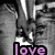 Pixelated grayscale image of a person with dark hair and light clothing, overlaid by bold purple text reading 'love' on a black background.