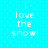 Pixelated cyan background with white dots and repeated text "I love the snow!" in four quadrants, each showing slight variations in letter spacing and alignment.