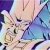 Pixelated image of a figure with light-colored hair and a blue garment against a gradient background of purple, pink, and blue hues.