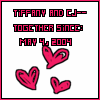 Pixelated graphic with pink text and three hearts on white background, bordered by thick red frame.
