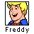 Pixelated cartoon character icon with yellow hair, blue shirt, and red collar detail beneath the name "Freddy" in block letters.