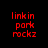 Red pixelated text 'linkin park rockz' appears on a black background with blue circular glow effects in four distinct arrangements.