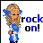 Pixel art contact sheet showing two frames of an animated buddy icon featuring a blonde girl with blue hair clips playing electric guitar, with "rock on!" text changing between frames.