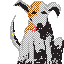 Pixelated cartoon dog with yellow body, black ears, and orange head pattern, wearing pink bow, holding yellow sword-like object, seated on black structure.