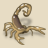 Pixelated scorpion icon with brown and tan body, curled tail, eight legs, and white spots on limbs against light beige background.
