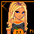 Pixel art Halloween-themed buddy icon featuring a blonde character in pumpkin-themed attire with orange and black color scheme, displayed as contact sheet of two frames showing full-body and partial views.