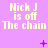 Pixelated text 'Nick J is off The chain' repeated across a purple background with animated purple symbols.