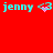 Red background displays cyan text 'jenny <3 jenny' with pink pixel particles animating around the heart symbol in two