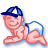 Pixelated cartoon baby in crawling pose wearing blue cap and white diaper with blue trim, static image on transparent background.