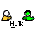 Pixelated green character with white head and yellow hands in multiple poses including standing, sitting, and interacting with brown objects.