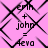 Pink background with black geometric patterns and repeated text 'erin + john = leva' in pixelated font.