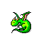 Green pixelated dragon with pink wings and yellow horns, curled in a ball on gray background; one version shows red tongue extended.