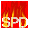 Red background with yellow-orange flames behind white 'SPD' text; top-left frame shows solid flames, top-middle frame shows flames with a pink circular shape above 'SPD', top-right frame shows flames with a pink circular shape and a small yellow detail above 'SPD'.