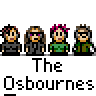 Animated contact sheet of 12 pixel art frames showing The Osbournes characters with varying poses and props, including a white cat held by one character in some frames.