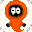 Pixelated orange cartoon character with black eyes and limbs, shown in multiple sizes against a gray speckled background.