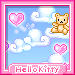 20 pixel-art showing a light brown teddy bear on a cloud with floating hearts and 'Hellokitty' text at the bottom