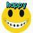 Yellow smiley face with black eyes, white teeth showing braces, and blue 'happy' text above on white background.