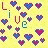 Pixelated yellow background with scattered blue and purple hearts, featuring the word 'LOVE' in brown and green letters