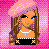Pixelated cartoon-style icon of a female character with long brown hair, blue eyes, and orange skin against a pink checkered background.