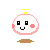 Four pixel-art frames of a round white character with pink cheeks, black square eyes, and a yellow top on gray background.