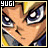 A 5-frame animated contact sheet of a pixelated anime character with blonde hair and blue eyes, displayed in a 3x2 grid layout with the rightmost frame empty.