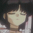 Pixelated anime-style character with closed eyes and dark hair, holding a white object against a black background with stylized text.