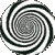 Four black-and-white spiral patterns arranged in a on a gray background, each with alternating dark and light bands forming concentric circles