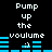 Pixelated text and blue audio equalizer bars animate on a black background, with 'Pump up the voulume' text and equalizer bar heights changing across frames.