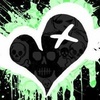 A heart-shaped icon with a black skull face, white airplane symbol, and green splatter background.