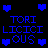 Blue pixelated text and heart symbols on a black background with a gray rectangle in the bottom right corner.