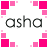Pixelated text 'asha' centered on white background, surrounded by pink and magenta square patterns.