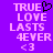 Purple background with pixelated text reading "TRUE LOVE LASTS 4EVER <3" and a black pixelated heart symbol above the 'E' in TRUE.