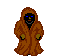Six pixel-art character views in brown and red robes with blue and yellow effects on gray background
