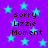 Purple background with cyan stars and repeated text "sorry Lizzie Moment" in dark brown pixelated font.