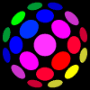 Four symmetrical clusters of multicolored ovals arranged in a mirrored pattern on a black background, with no visible text or motion.