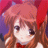 Pixelated anime-style character with light brown hair, red headband, and red collar against purple and pink background.