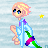 Pixelated character with blonde hair and blue eyes in light blue outfit with green and purple accents, standing against light blue striped background with yellow stars.