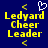 Blue background with yellow pixelated text reading "Ledyard Cheer Leader" and four yellow chevron symbols, one white heart symbol above the text.