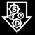 Black and white pixelated icon featuring a shield-shaped frame with interlocking gear-like symbols inside, rendered in low-resolution 256x256 pixels.