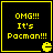 Four identical black square with yellow borders display yellow pixelated text "OMG!!! It's Pacman!!!" and a yellow Pacman icon in the bottom-right corner of each
