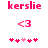 Pixelated pink text 'kerslie' above a heart symbol '<3', with five small hearts below; the third heart from left is lighter pink.