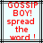 Red pixelated text reads 'GOSSIP BOY! spread the word!' on a light blue background with black and gray lines